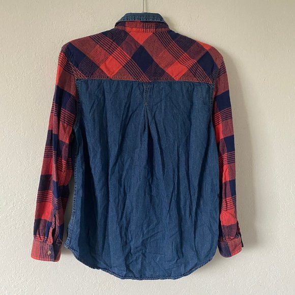 BDG Womens Shirt Denim Flannel Plaid Size S Button Down Pocket Casual Blue Top - Picture 8 of 11